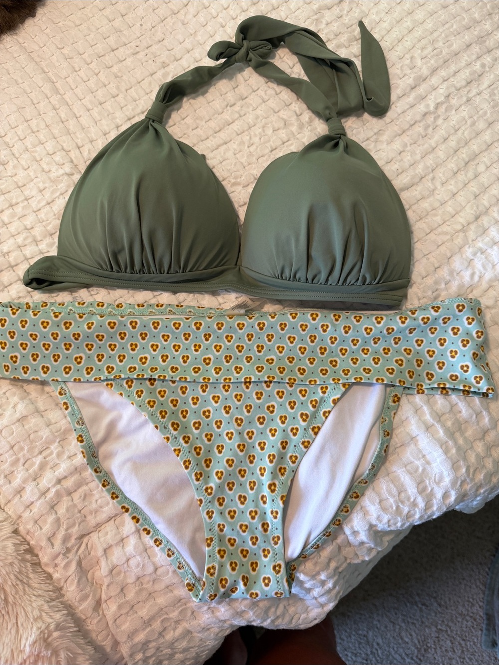 Olive Halter Bikini Top with Light Blue Floral Fold-Over Bottom